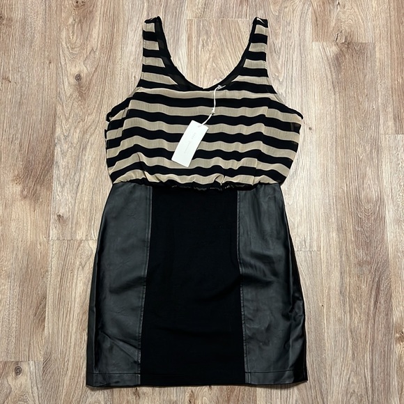 Lush Striped Blouson Dress with Faux Leather Panels - Picture 12 of 12